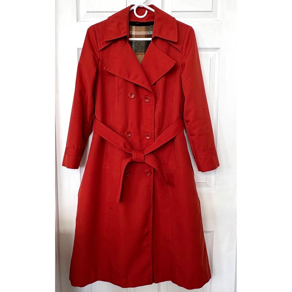 🚨READ! VTG Orange Trench Sm/Med Coat Zip-Out Plaid Wool Lining Double Breasted‎